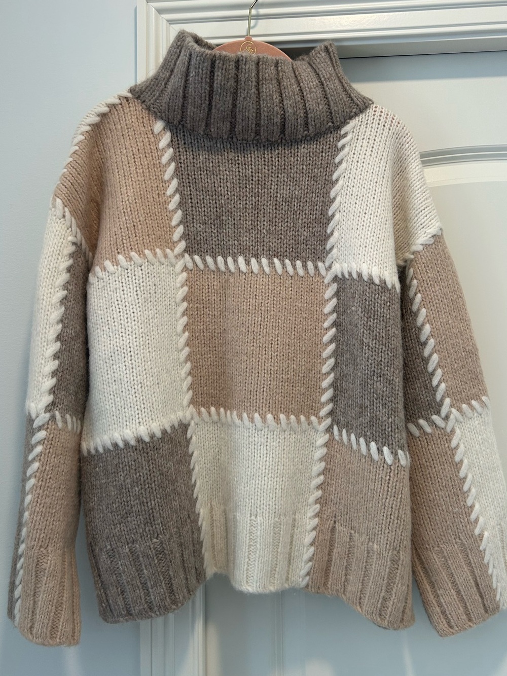 Eleven Six Cozy Patchwork Turtleneck Sweater in Cream, Tan & Gray, xs/s